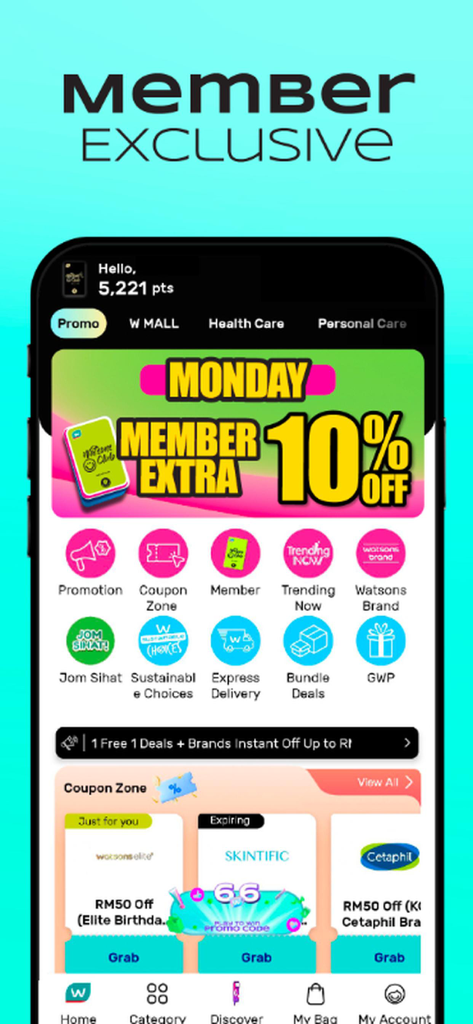 멤버 독점 할인, 브랜드 혜택이 포함된 쿠폰 존, 특급 배송 및 프로모션을 위한 빠른 탐색 아이콘이 표시된 Watsons MY 앱 인터페이스