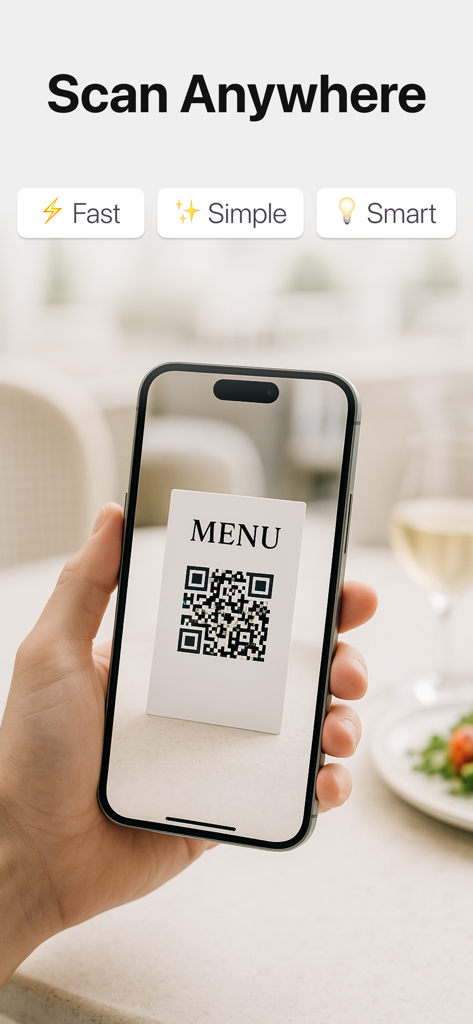 QR Reader & Code Scanner App - A person using a smartphone to scan a QR code on a restaurant menu