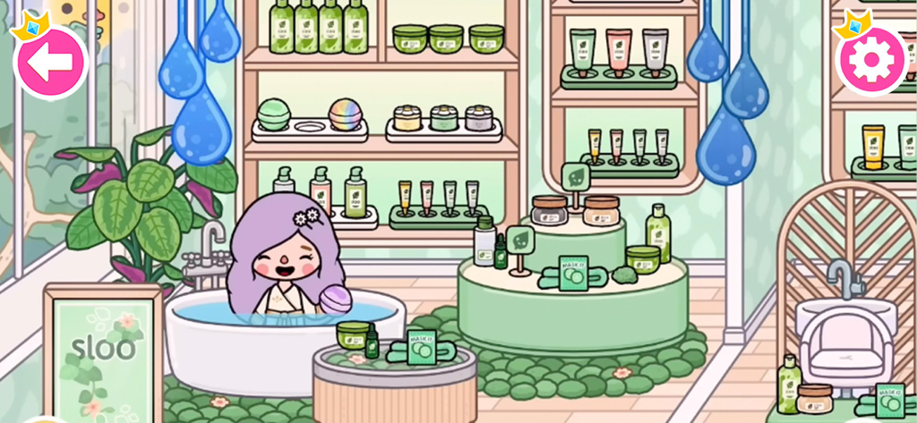 Princess Games Makeup Salon - A cartoon character with purple hair relaxing in a bathtub at a digital beauty salon with shelves full of skincare products.