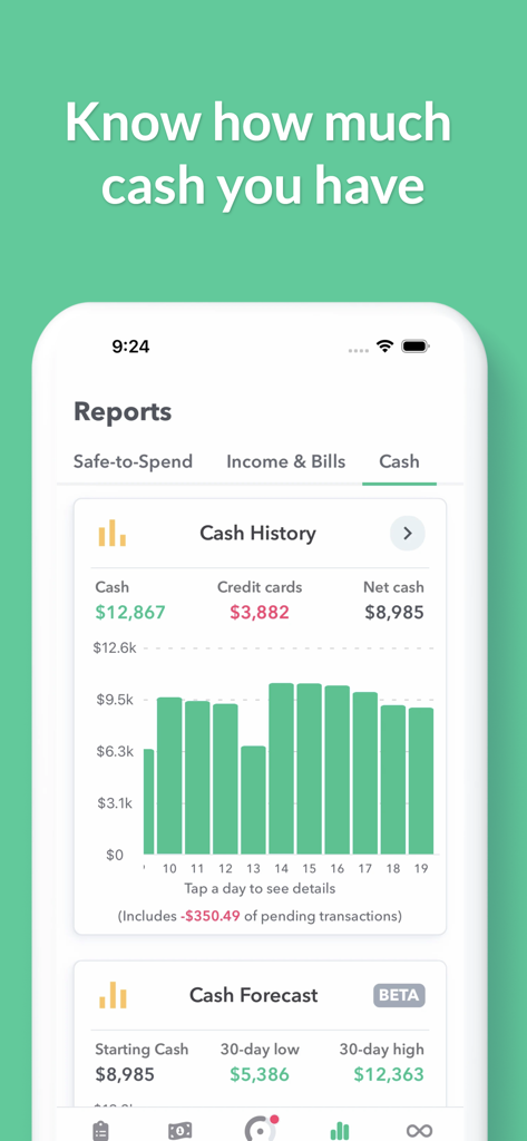 Weekly: Budget Planner App - iPhone screenshot of the Weekly app showing cash history chart and financial forecast reports.