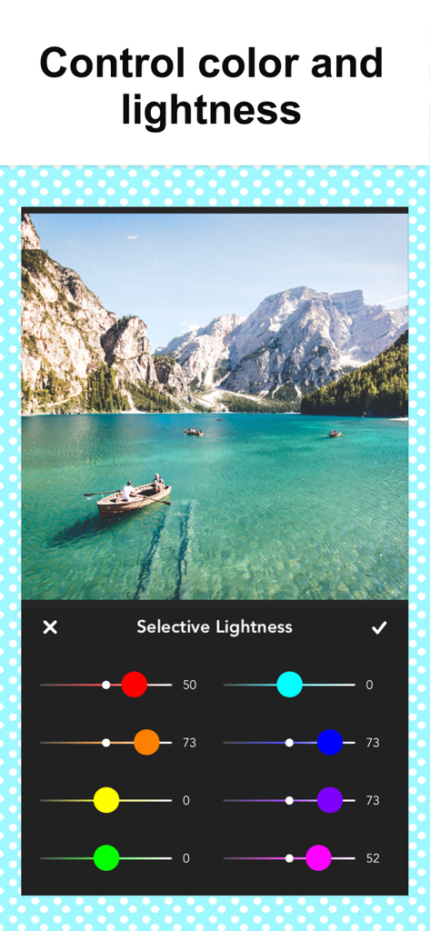 Photo Collage Montage Maker - Interfaz de edición de fotos que muestra deslizadores de color selectivo y luminosidad para un paisaje de lago escénico