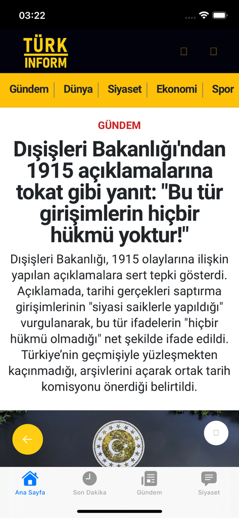 TURKINFORM - Screenshot of the TURKINFORM news app displaying a Turkish current affairs article and category navigation.