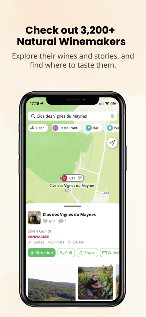 Raisin-App-Bildschirm mit einer Karte und einem Profil eines Naturwein-Winzers