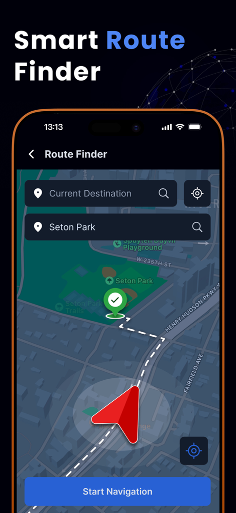 Smart Route Finder interface showing a map navigation path to Seton Park