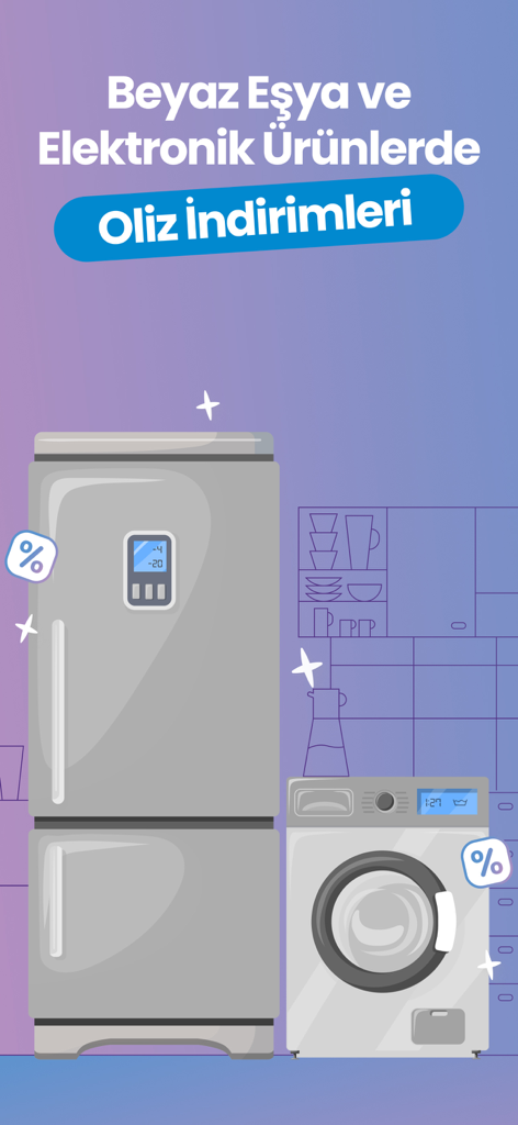 Illustration of a refrigerator and washing machine with Oliz discount labels for white goods and electronics.