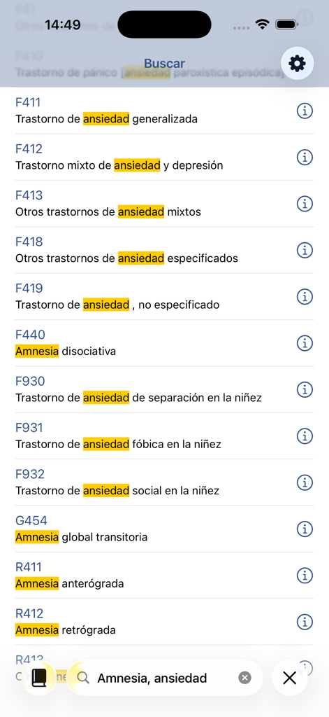 Pantalla de resultados de búsqueda en la app cie10 que muestra códigos y descripciones médicas para amnesia y ansiedad en español