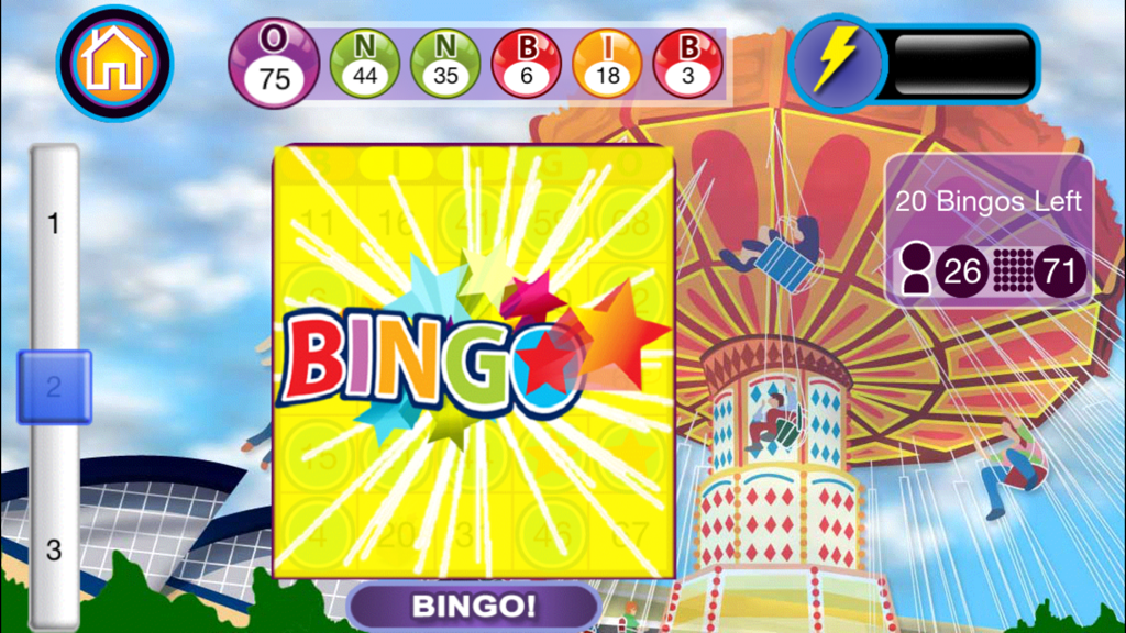 Ein Gewinnbildschirm für ein Bingo-Spiel mit einem bunten Karnevals-Karussell-Hintergrund und feiernden Sternen.