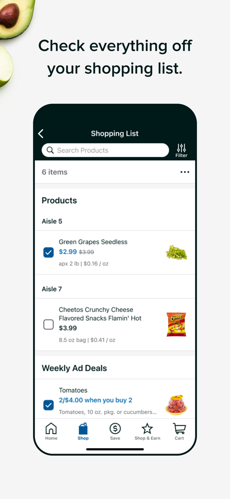 Food Lion - A mobile screen showing the Food Lion app shopping list feature with groceries organized by aisle and weekly ad deals.