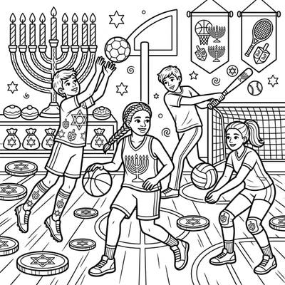 Dive into the festive spirit with this dynamic coloring page, combining the energy of youth sports with the joy of Hanukkah. Kids are depicted playing basketball, baseball, and volleyball, surrounded by traditional holiday symbols ready for your creative touch.