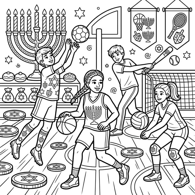 Dive into the festive spirit with this dynamic coloring page, combining the energy of youth sports with the joy of Hanukkah. Kids are depicted playing basketball, baseball, and volleyball, surrounded by traditional holiday symbols ready for your creative touch.