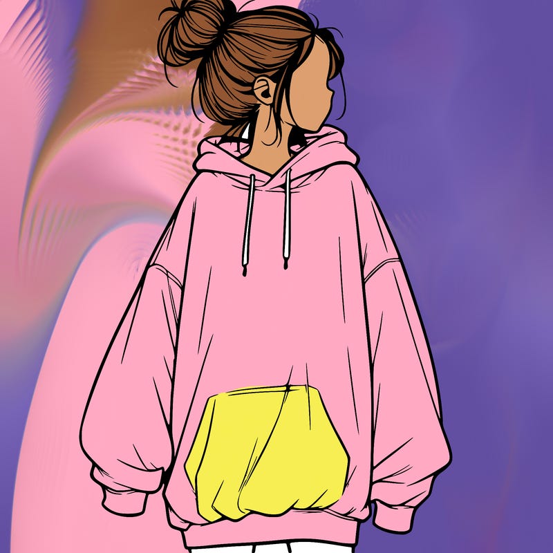 realistic girl with a oversized sweatshirt on and a bun