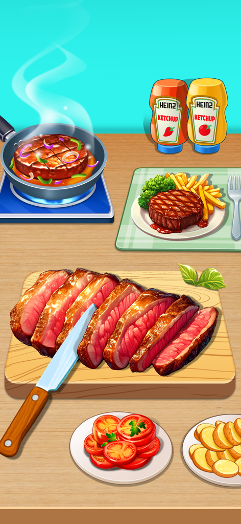 Food Voyage: Fun Cooking Game - Food Voyageのゲームプレイ画面、まな板の上でステーキがスライスされ、フライパンで調理され、フライドポテト添えで提供されている様子