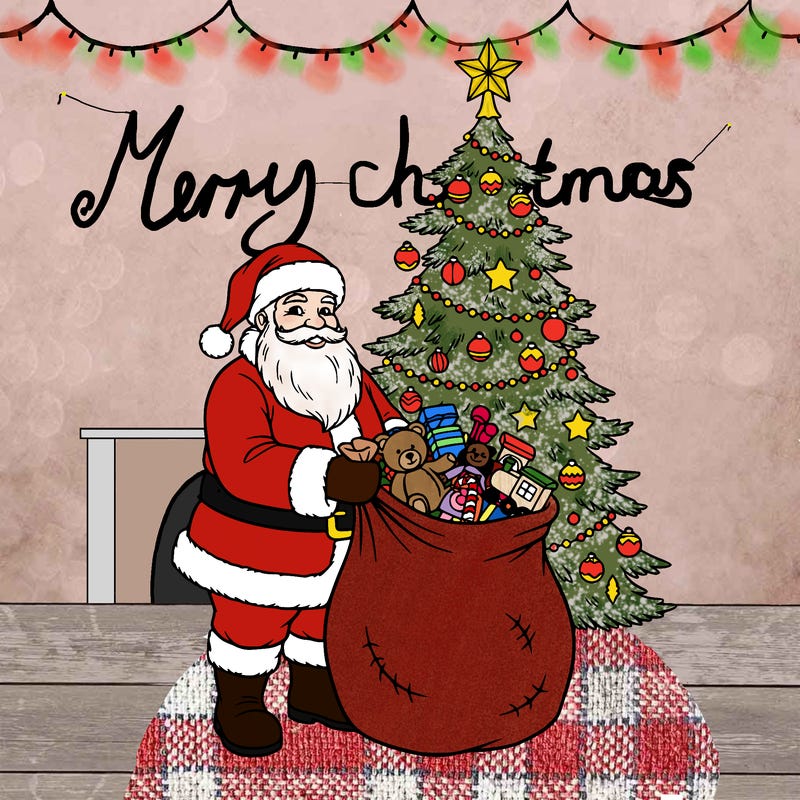santa hold a bag with toys inside, standing next to a christmas tree