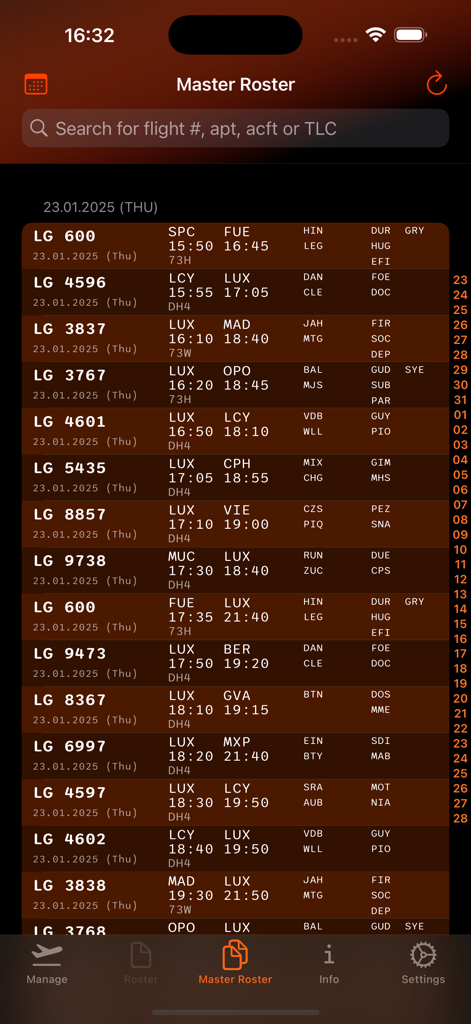 Interfaccia dell'app RosterX che mostra la vista Elenco Principale con un elenco di incarichi di volo e orari dell'equipaggio