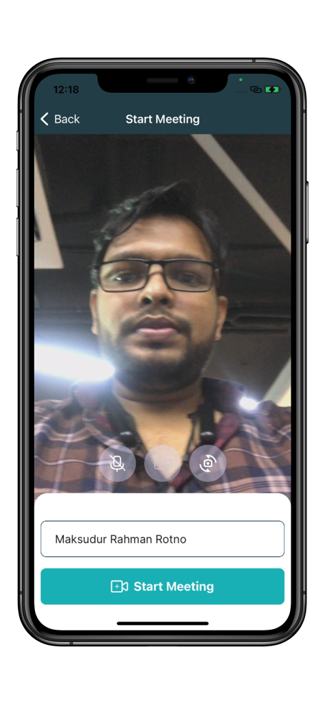 Convay video conferencing app interface showing a user in a camera preview screen with a Start Meeting button.