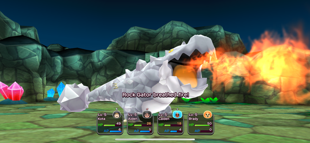 THE NEW DENPA MEN - A Rock Gator monster breathing fire during a battle against four Denpa Men characters in a rocky cave environment.