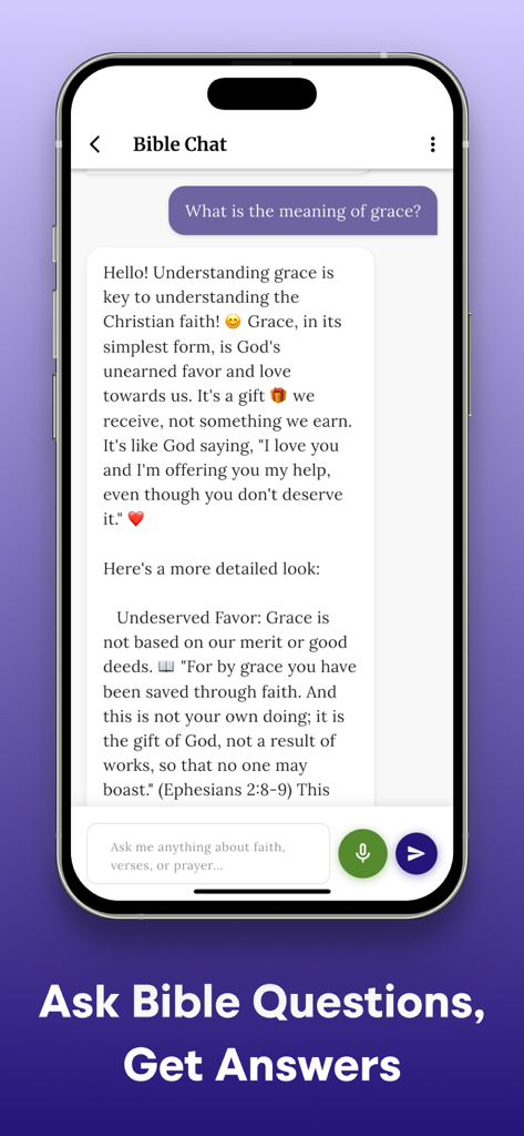 BibleHi: Bible Chat & Prayer - Interfaz de la aplicación BibleHi que muestra un chat de IA respondiendo una pregunta sobre el significado de la gracia en la Biblia.