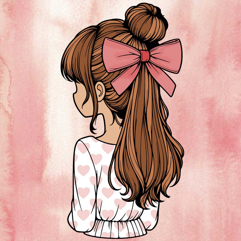 realistic girl  with hip length hair a bun and a big bow on the back of head
