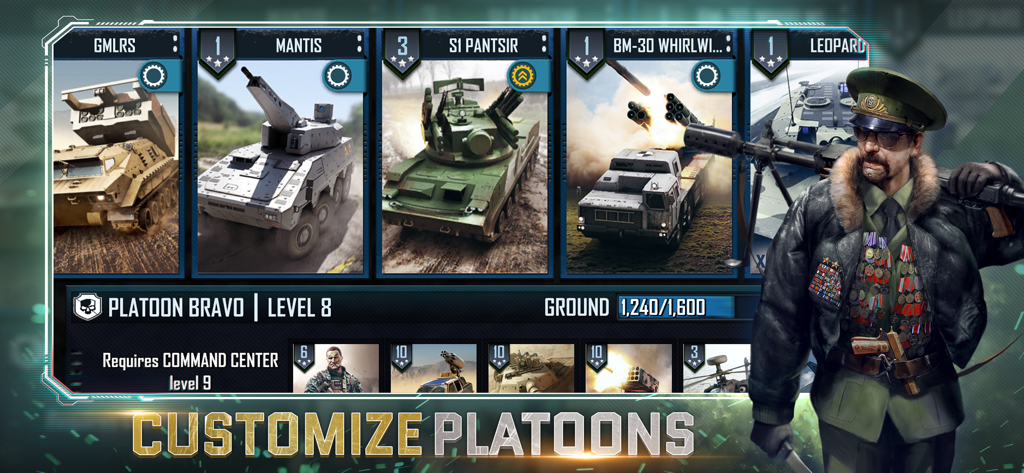 War Commander: Rogue Assault - War Commander Rogue Assault platoon customization screen with military vehicle unit cards and a decorated commander character.