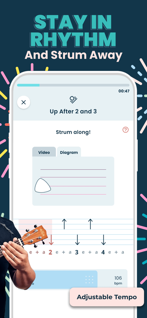 Ukulele Tuner & Lessons: Kala - Interfaz de la aplicación de ukulele que muestra una lección de ritmo de rasgueo con guías de flechas hacia arriba y hacia abajo y tempo ajustable