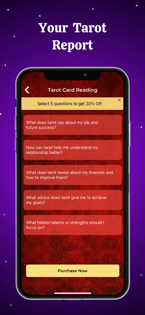 Tarot Card Reading & Horoscope - Pantalla móvil para seleccionar preguntas de informes de tarot relacionadas con la carrera, las relaciones y las finanzas.