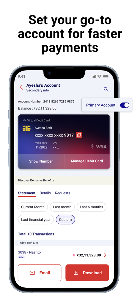 Vyom - Vyom mobile app interface showing account balance and virtual debit card