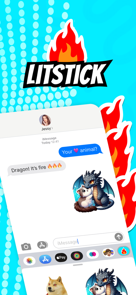 Interface do aplicativo Litstick mostrando uma figurinha de dragão sendo usada em uma conversa do iMessage.