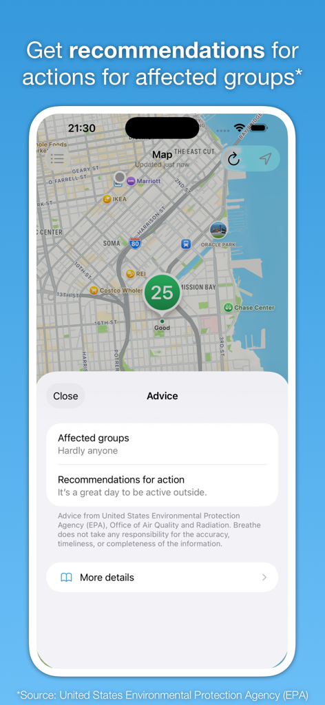 Breathe - Air Quality Monitor - Air quality app map showing local AQI and health recommendations for outdoor activities
