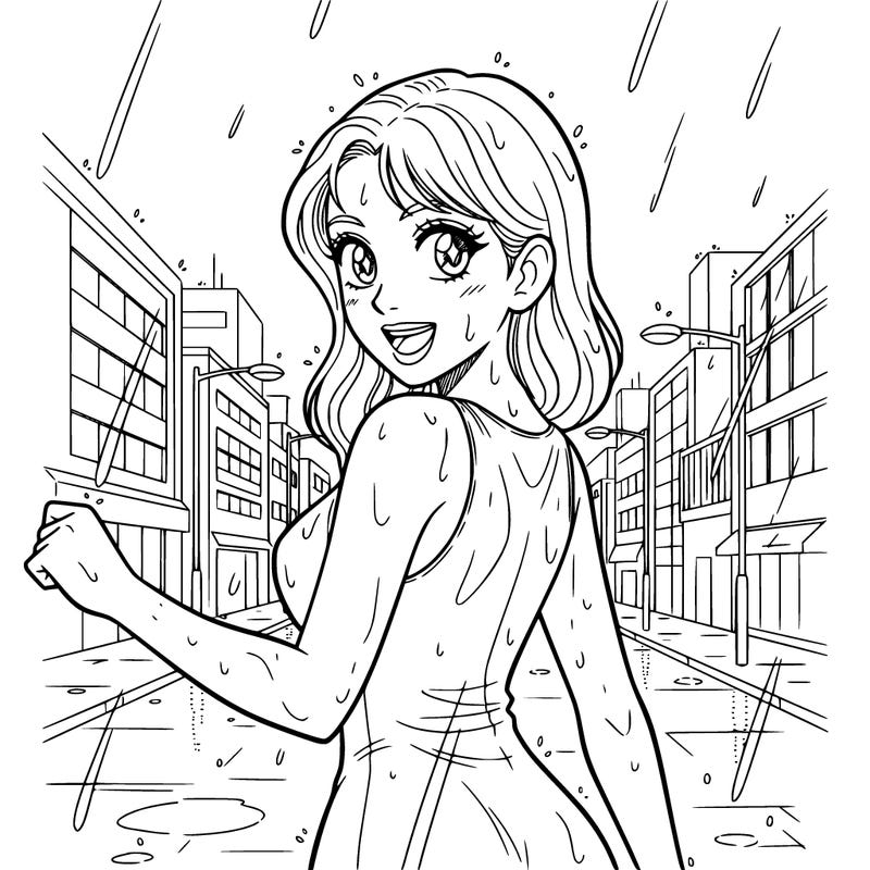 beautiful woman dancing in the rain in the city .
