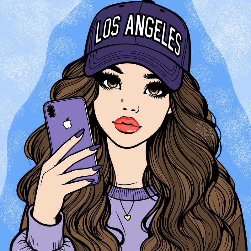 realistic beautiful girl wearing los ángeles cap holding an iphone