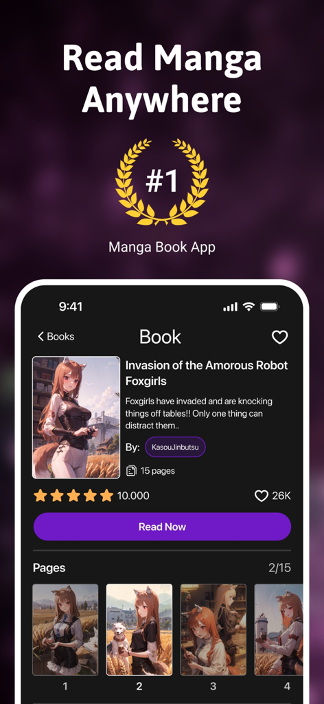 Mobile app interface showing an anime manga title page and reading options
