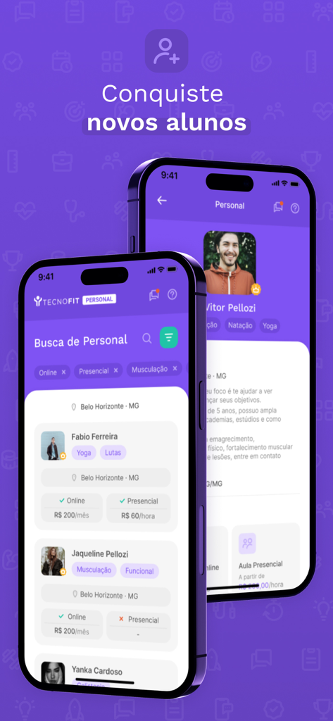 Tecnofit para Personal Trainer - Tecnofit app interface showcasing personal trainer profiles and search functionality for client acquisition