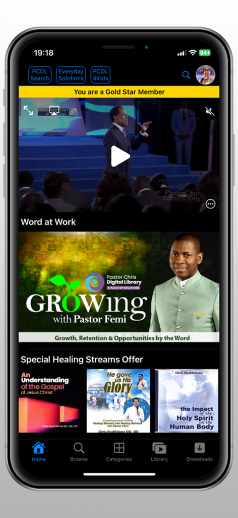 Pastor Chris Digital Library - The home screen interface of the Pastor Chris Digital Library app displaying spiritual video content and sermon categories.