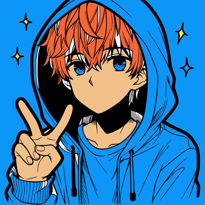 teenage manga boy in a hoodie, doing ✌