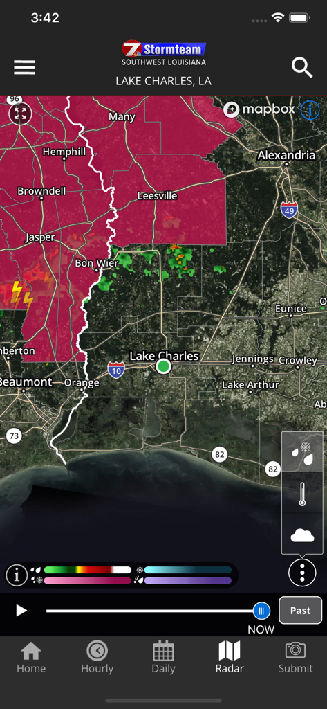 Interactive weather radar map showing storm alerts for Lake Charles and Southwest Louisiana on the KPLC 7 First Alert Weather app.