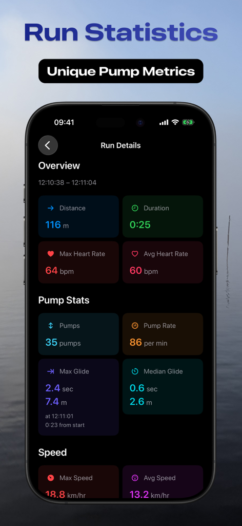 Foil, Wing, Surf - FoilMotion - FoilMotion app interface showing detailed run statistics and unique pump metrics for foiling sessions