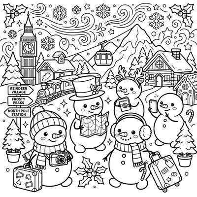 Join an adorable group of festive snowmen as they embark on an exciting winter vacation adventure, ready to explore new snowy destinations. This charming coloring page is packed with delightful details, perfect for sparking holiday cheer and creative expression.