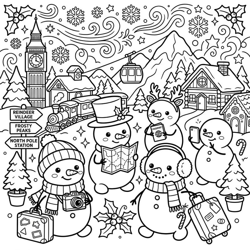 Join an adorable group of festive snowmen as they embark on an exciting winter vacation adventure, ready to explore new snowy destinations. This charming coloring page is packed with delightful details, perfect for sparking holiday cheer and creative expression.