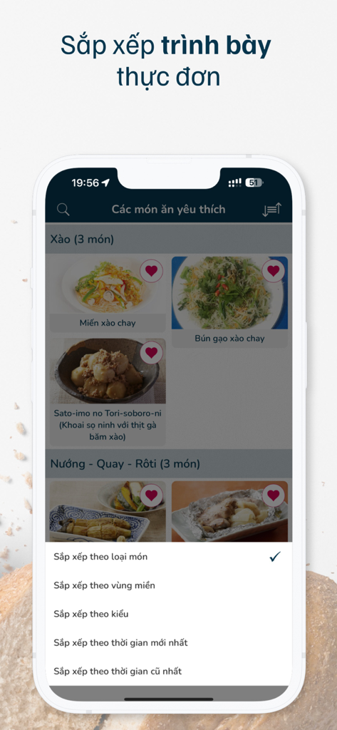 Món ăn ngon mỗi ngày - A mobile interface showing favorite Vietnamese recipes with an open sorting menu.