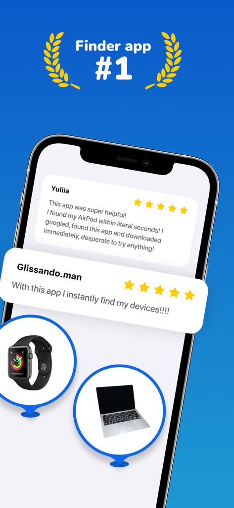 Air Finderアプリのスクリーンショットで、Apple Watchやラップトップなどの紛失したBluetoothデバイスを見つけるための5つ星のユーザーレビューが表示されています。