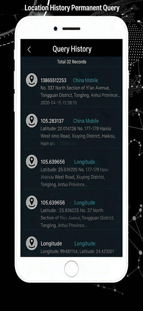Pantalla del historial de consultas de la aplicación BlackTracker que muestra registros de ubicación y marcas de tiempo