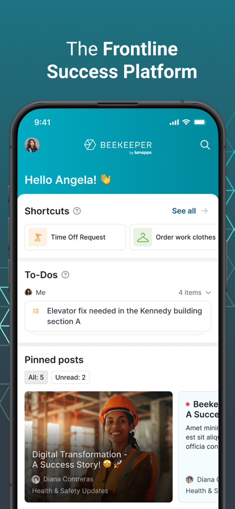 Beekeeper app home screen showing digital workplace shortcuts and tasks for frontline employees