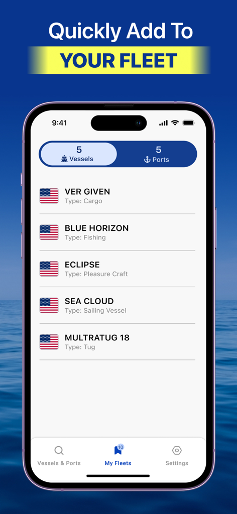 Une liste de navires et de ports enregistrés dans la section Ma flotte de l'application Marine Traffic.