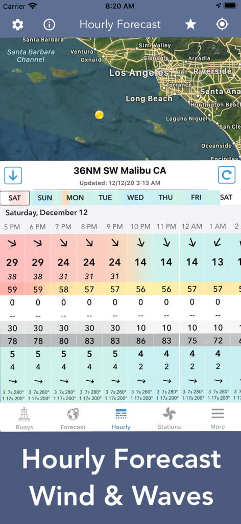 Mobile app screen showing a detailed hourly marine forecast for wind and waves near Malibu California with a satellite map and data grid
