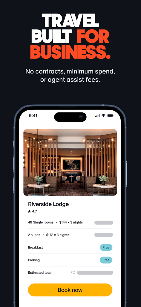 Un écran de téléphone portable affichant la page de réservation d'hôtel de l'application Engine Corporate Travel pour les voyages d'affaires