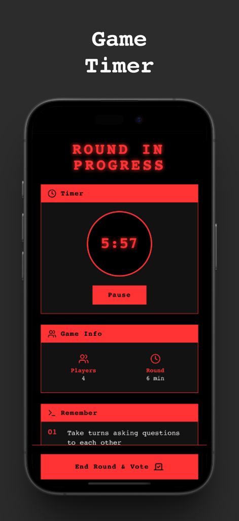 SpyFall: Find the Spy - SpyFall app interface displaying a countdown timer and game information for a social deduction round.