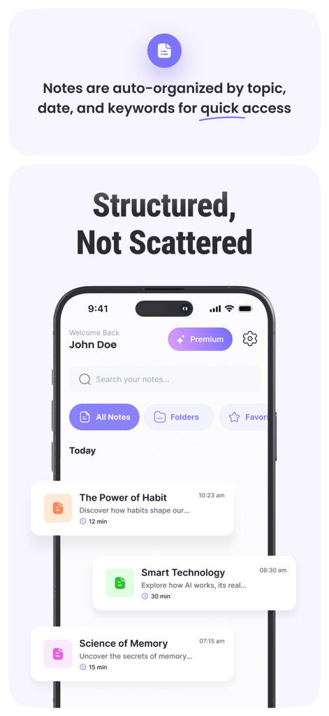 AI Meeting Note Taker - NoteAI - Interfaccia dell'app NoteAI che mostra appunti organizzati per argomento e data
