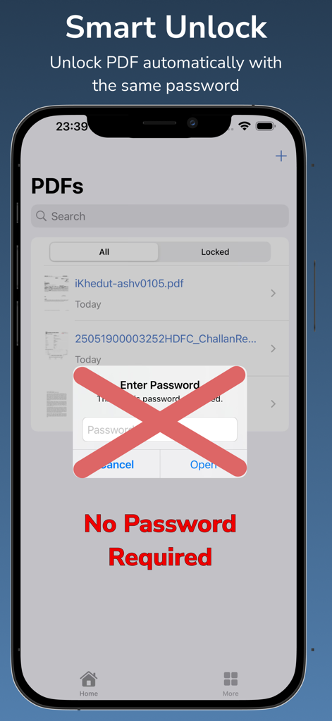 iPhone에서 PDF 암호 제거 앱의 스마트 잠금 해제 기능을 보여주는 인터페이스