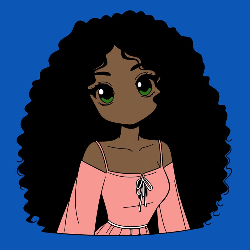 a black anime girl with long afro hair