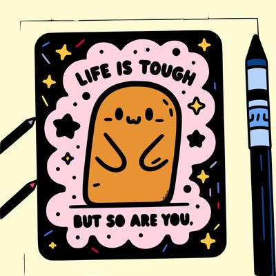 coloring book with motivational quotes, writing "life is tough, but so are you", black and white, coloring page for kids, full page with no border, basic simple shapes with bold black lines, simple line art, printable outlined art